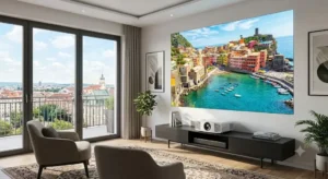 Videoproiettore 4K a tiro corto posizionato a breve distanza dalla parete con immagine nitida