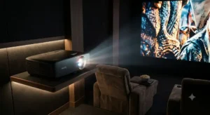 Illustrazione di un videoproiettore BenQ 4K HDR in funzione in una stanza oscurata con dettagli nitidi sui colori.