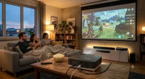 Illustrazione di un videoproiettore BenQ collegato a una console da gioco con proiezione di un videogioco a grande schermo.