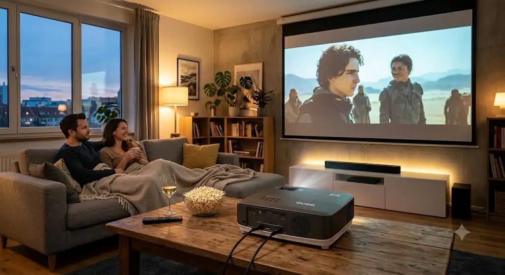 Illustrazione di un videoproiettore BenQ posizionato su un tavolino in un salotto moderno per una serata home cinema.