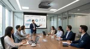 Illustrazione di una presentazione aziendale professionale proiettata con un videoproiettore BenQ in sala riunioni.
