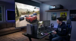 Illustrazione di una postazione gaming con videoproiettore Epson 4K collegato a console da gioco