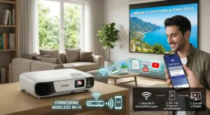 Grafica esplicativa sulla connessione wireless e Wi-Fi da smartphone a videoproiettore Epson