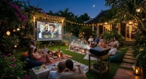 Illustrazione vettoriale di una serata cinema all'aperto in giardino con schermo e videoproiettore Epson