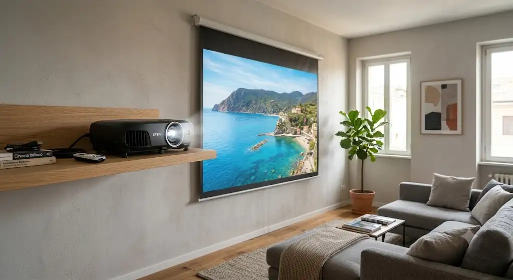 Illustrazione di un videoproiettore Epson per home cinema installato su mensola in un soggiorno moderno