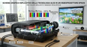 Schema grafico esplicativo della tecnologia 3LCD integrata in un videoproiettore Epson per colori brillanti