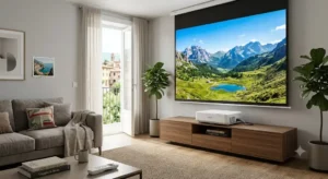 Disegno di un videoproiettore Epson a tiro ultra corto posizionato su mobile vicino alla parete di casa