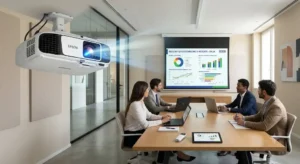 Grafica di un videoproiettore laser Epson ad alta luminosita proiettante slide in un aula conferenze