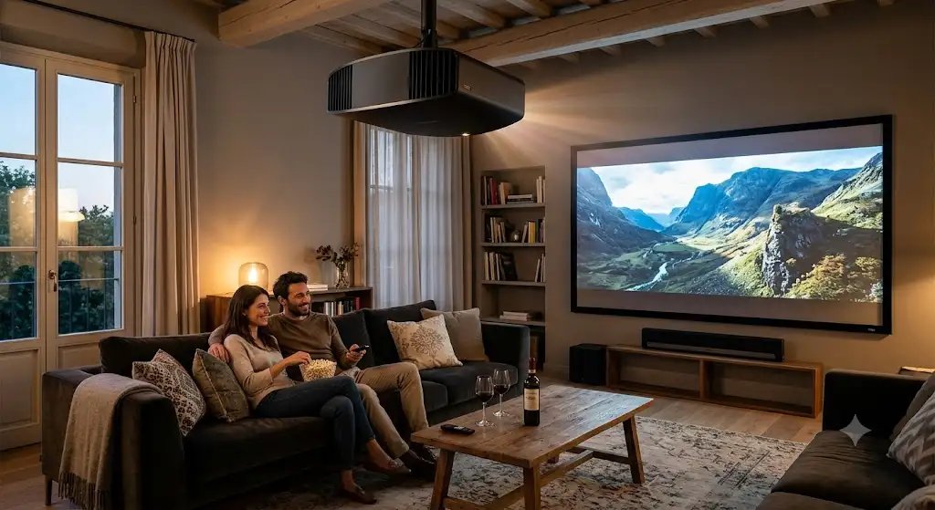 Elegante salotto con videoproiettore premium 4K in funzione per home cinema