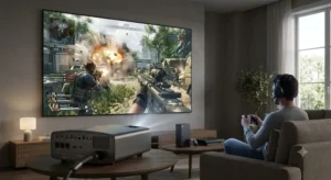 Sessione di videogiochi su maxi schermo proiettata da un videoproiettore premium 

