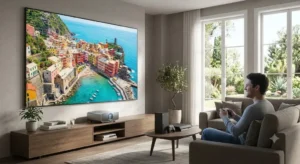 Resa cromatica e luminosita elevata di un videoproiettore premium in una stanza illuminata 

