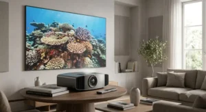 Videoproiettore premium compatto dal design moderno poggiato su un tavolino 

