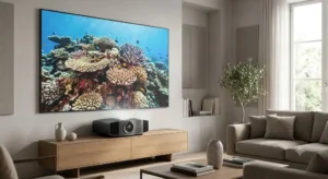 Videoproiettore premium a tiro ultra corto posizionato a ridosso della parete