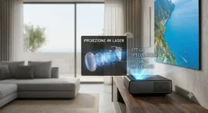 Dettaglio di un videoproiettore ultra corto raggio 4K laser in funzione per un'esperienza home cinema avanzata