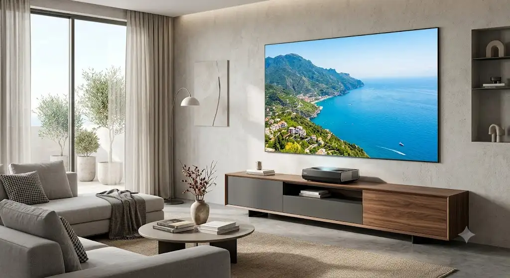 Videoproiettore ultra corto raggio installato nel soggiorno moderno sopra un mobile TV elegante