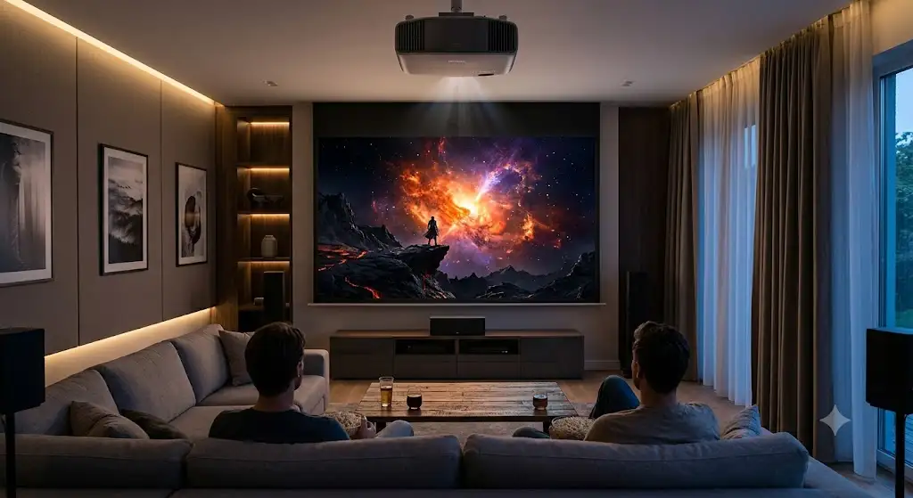 Vidéoprojecteur HDR 4K projetant un film avec des contrastes profonds dans un salon home cinéma moderne