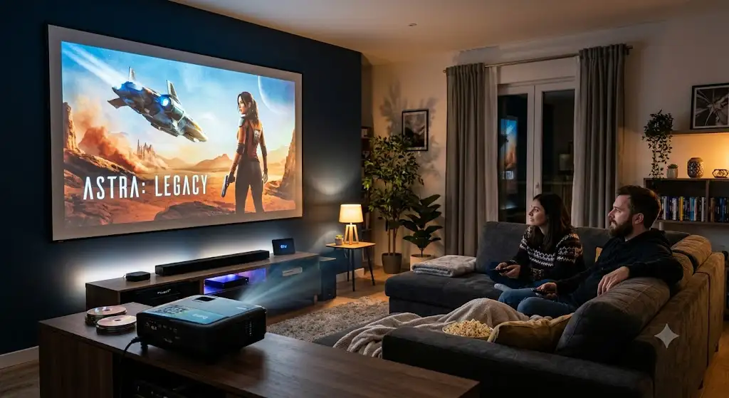 Vidéoprojecteur Full HD 1080p diffusant un film sur grand écran dans un salon home cinéma moderne