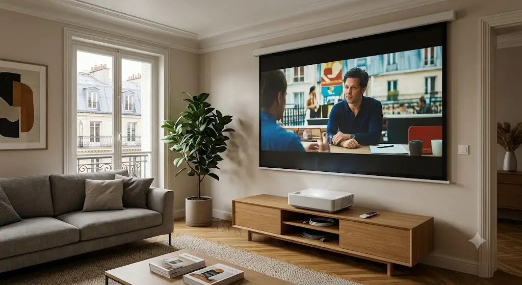 Vidéoprojecteur courte focale posé sur un meuble TV dans un salon moderne