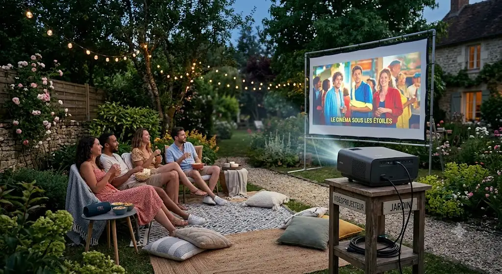 Vidéoprojecteur extérieur diffusant un film sur grand écran blanc dans un jardin en soirée d'été
