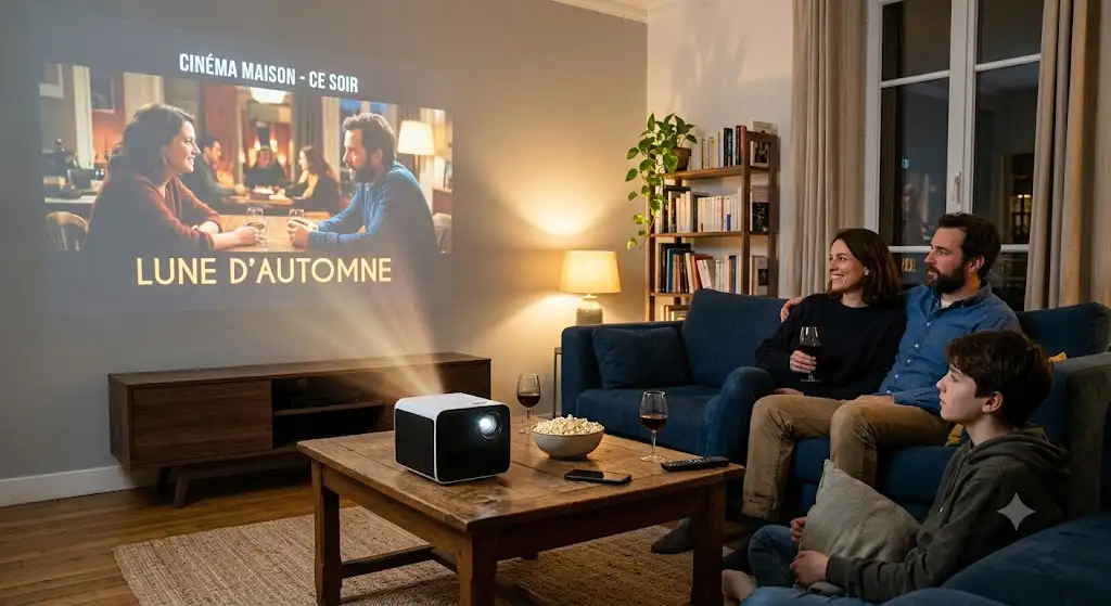 Mini vidéoprojecteur portable projetant un film dans un salon pour une soirée cinéma maison.