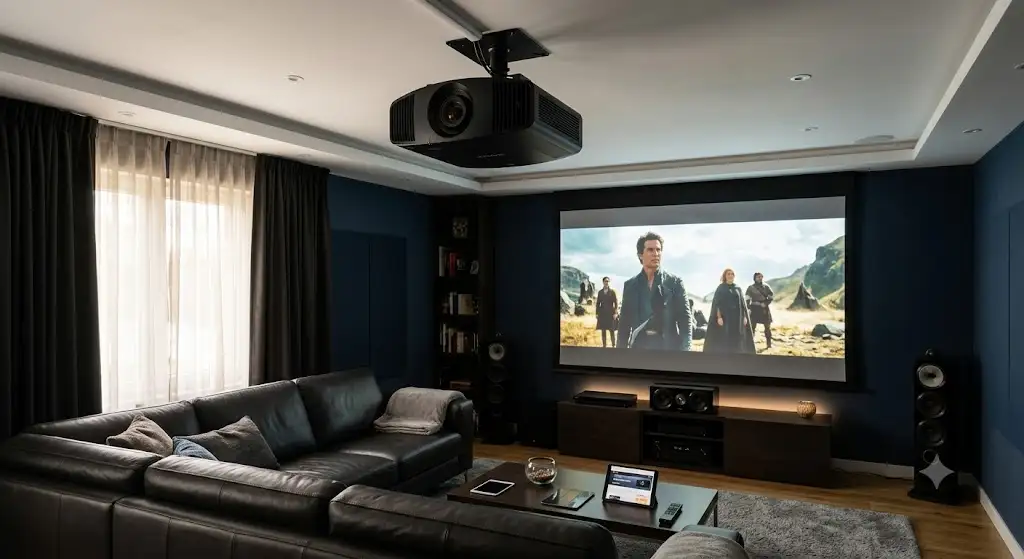 vidéoprojecteur sony avis 4K installé au plafond dans un salon home cinéma pour notre test et avis complet