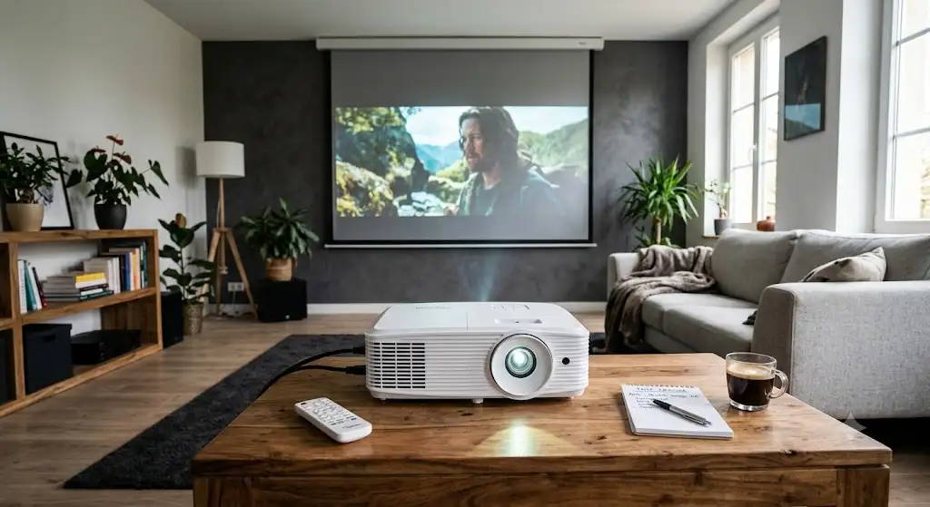 Test et avis sur un vidéoprojecteur optoma avis installé sur une table basse dans un salon moderne.