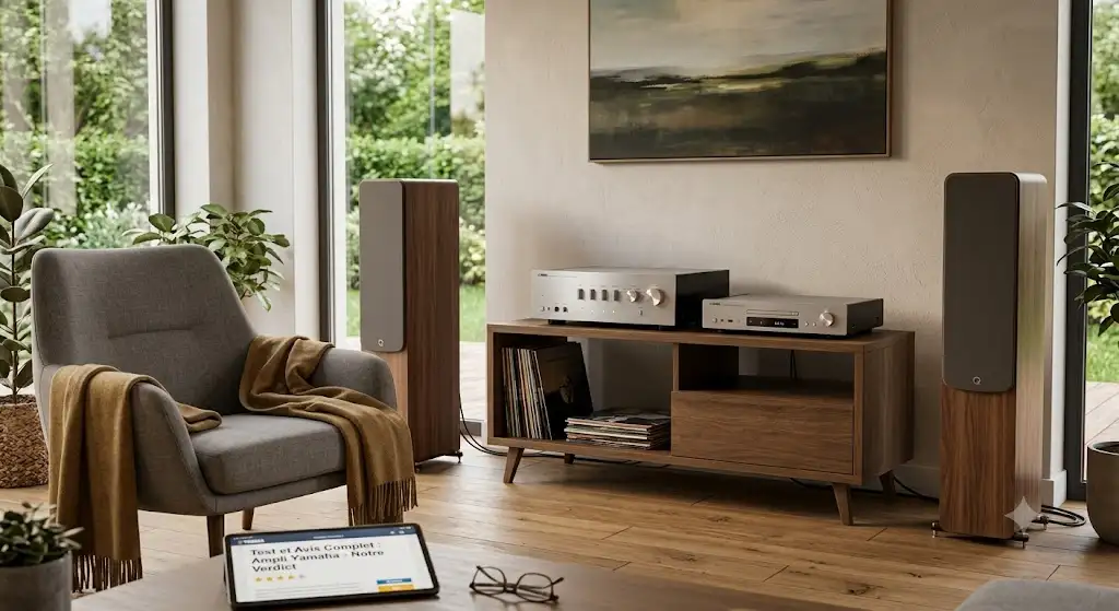 Ampli Yamaha avis en situation dans un salon moderne pour notre test et avis complet