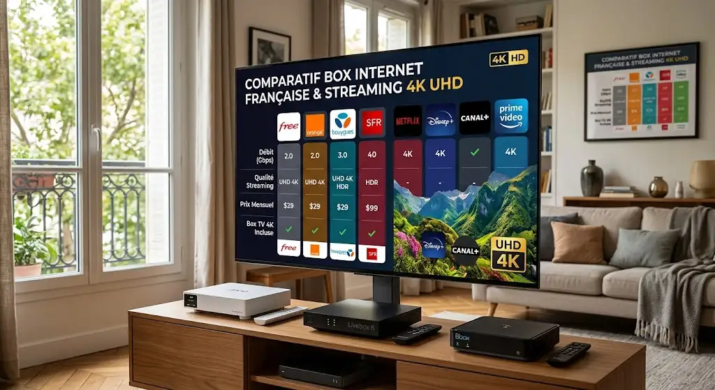 Comparatif des meilleures offres de box internet française streaming vidéo en très haute définition 4K.