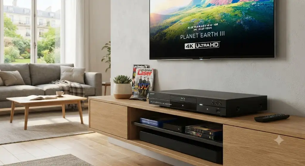 Un lecteur Blu-ray 4K UHD moderne installé sur un meuble TV dans un salon lumineux.