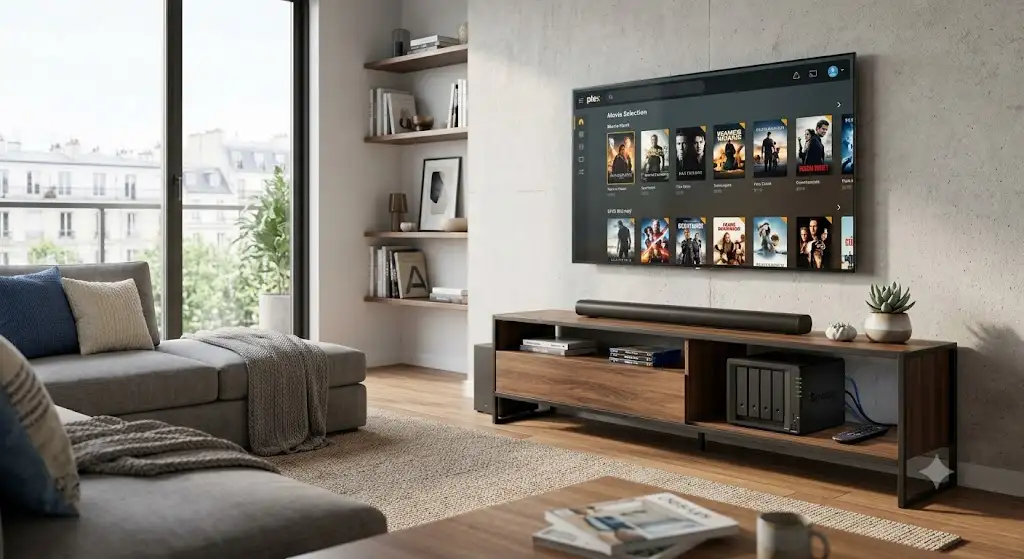 Boîtier NAS pour home cinéma installé près d'une télévision 4K dans un salon moderne