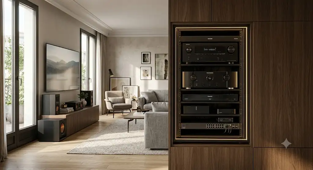 Baie rack AV home cinéma encastrée dans un meuble de salon moderne avec éclairage LED tamisé