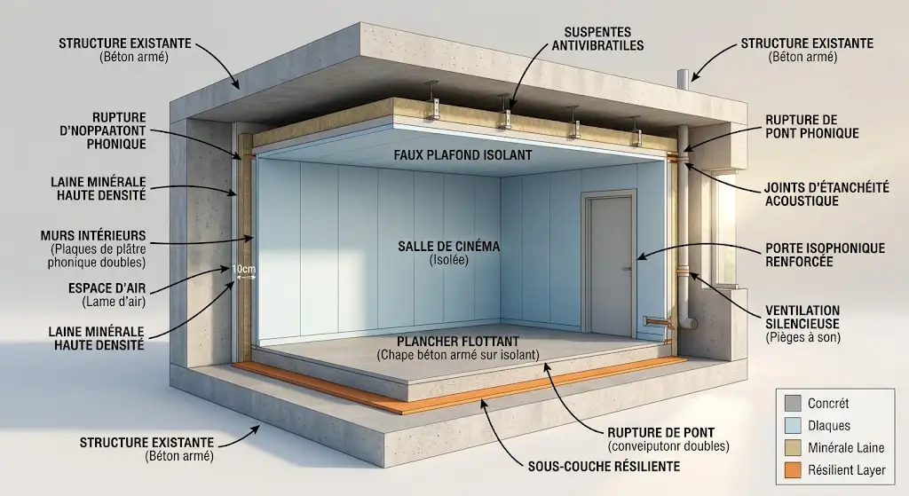 Schéma technique du principe de la boîte dans la boîte pour l'isolation phonique d'une salle de cinéma privée. (isolation phonique salle cinéma)