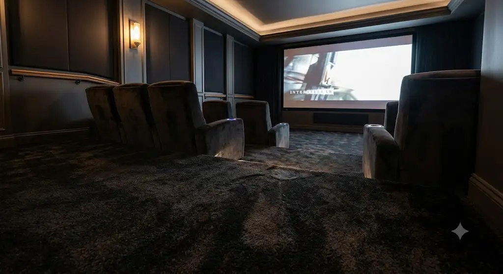 Moquette acoustique noire épaisse posée au sol d'une salle de cinéma privée à domicile. (moquette salle cinéma)