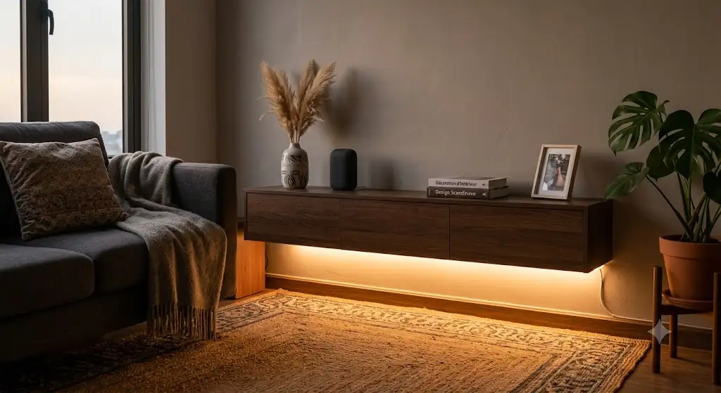 Ruban LED connecté installé sous un meuble de salon créant une lumière d'ambiance blanc chaud tamisée.