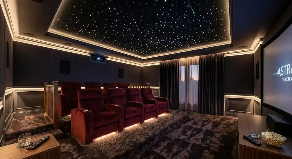 Plafond étoilé en fibre optique illuminant une salle de cinéma maison haut de gamme avec fauteuils en velours. (plafond étoilé salle cinéma)