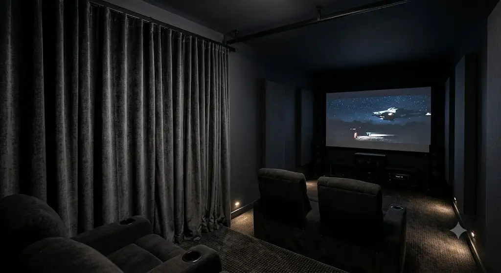 Rideaux occultants épais fermés créant une obscurité totale dans une salle de cinéma maison. (rideaux occultants salle cinéma)