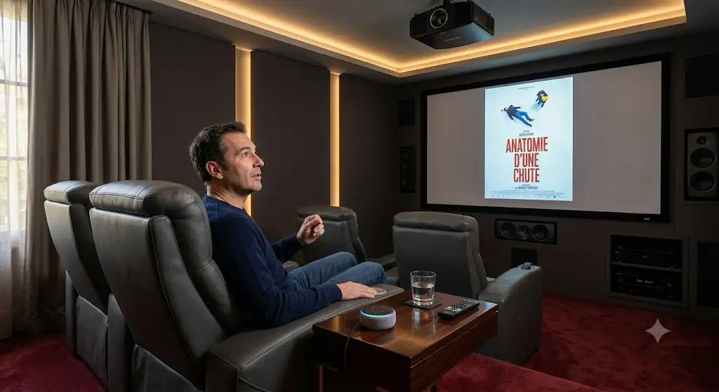 Utilisateur activant son assistant vocal pour lancer un film dans une salle de cinéma privée à domicile. (assistant vocal salle cinéma)
