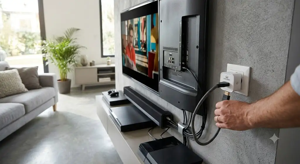Installation d'une prise connectée home cinéma branchée derrière un téléviseur dans un salon moderne