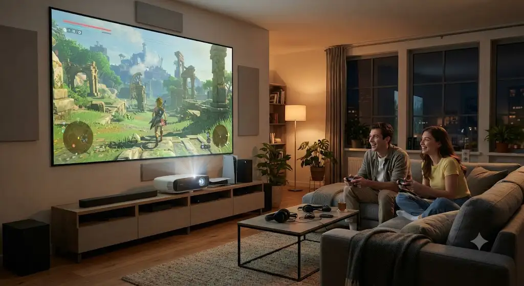 Un vidéoprojecteur gaming installe dans un salon moderne pour une experience de jeu immersive sur grand ecran.