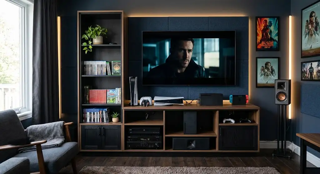Meuble TV moderne avec compartiments de rangement pour consoles gaming et équipement home cinéma. (rangement gaming salle cinéma)