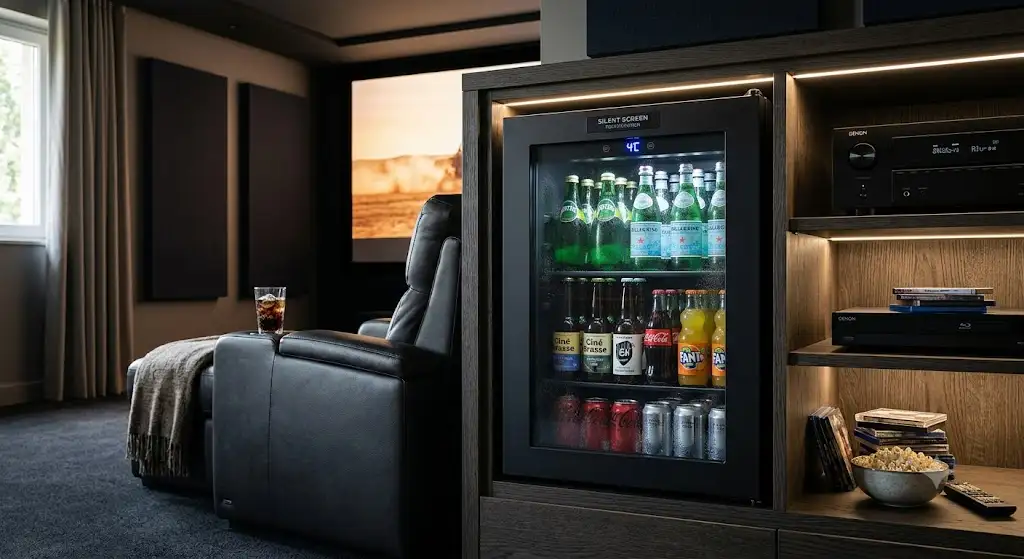 Mini-réfrigérateur silencieux noir mat encastré dans le meuble d'une salle de cinéma maison avec boissons fraîches. (mini-réfrigérateur salle cinéma)