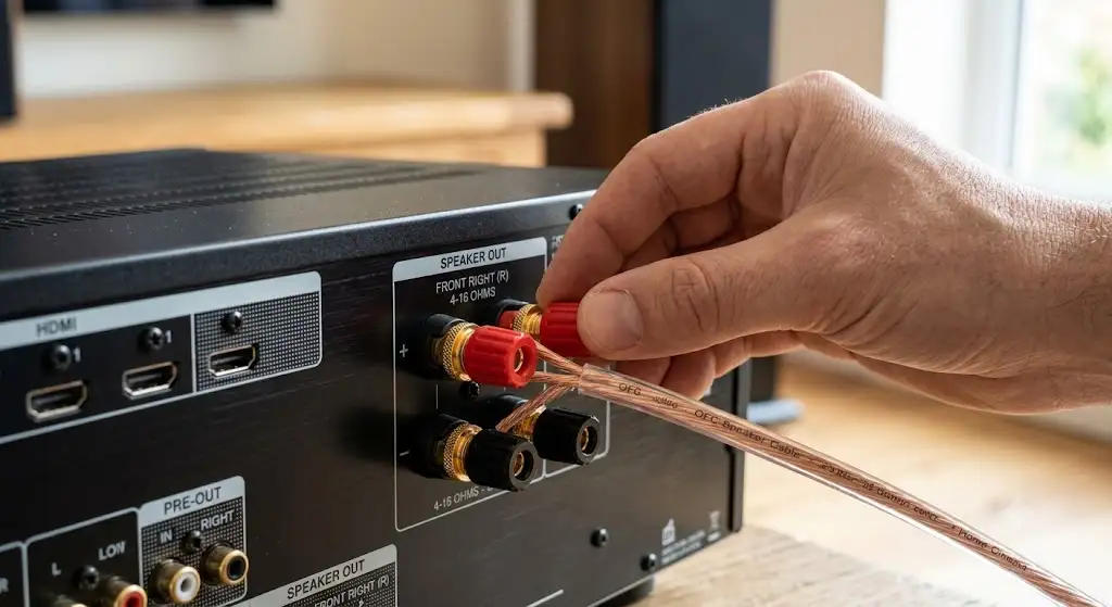 Raccordement d'un câble d'enceinte home cinéma aux borniers à vis d'un amplificateur audio
