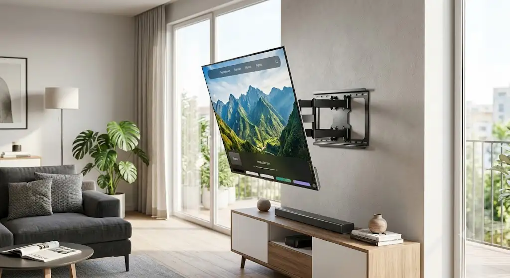 Support mural TV inclinable et orientable avec écran plat fixé dans un salon contemporain