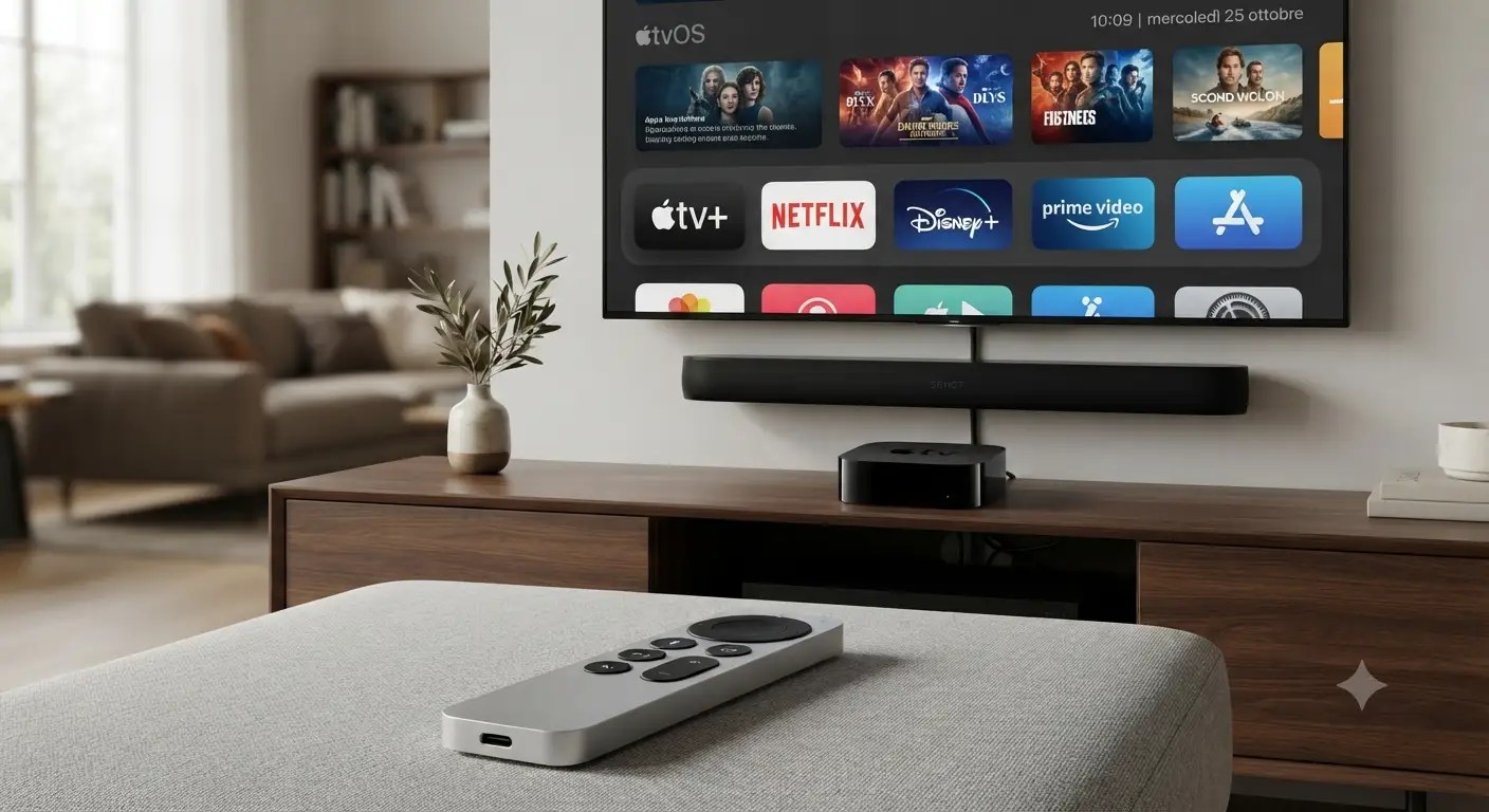 Apple TV 4K posizionata vicino al televisore con il telecomando Siri Remote sul tavolino