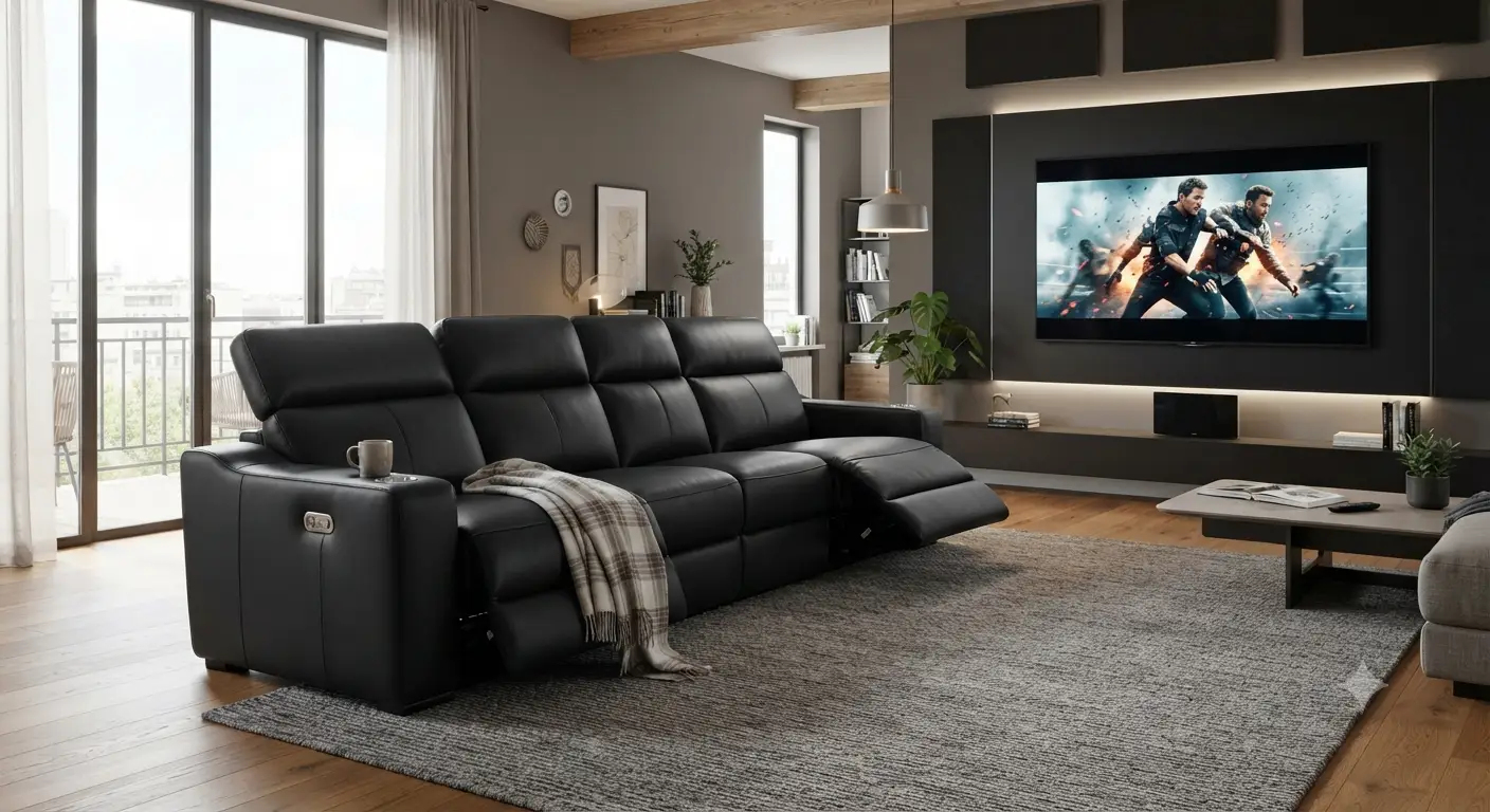 Moderno divano home cinema in pelle nera posizionato in un elegante soggiorno con schermo grande.