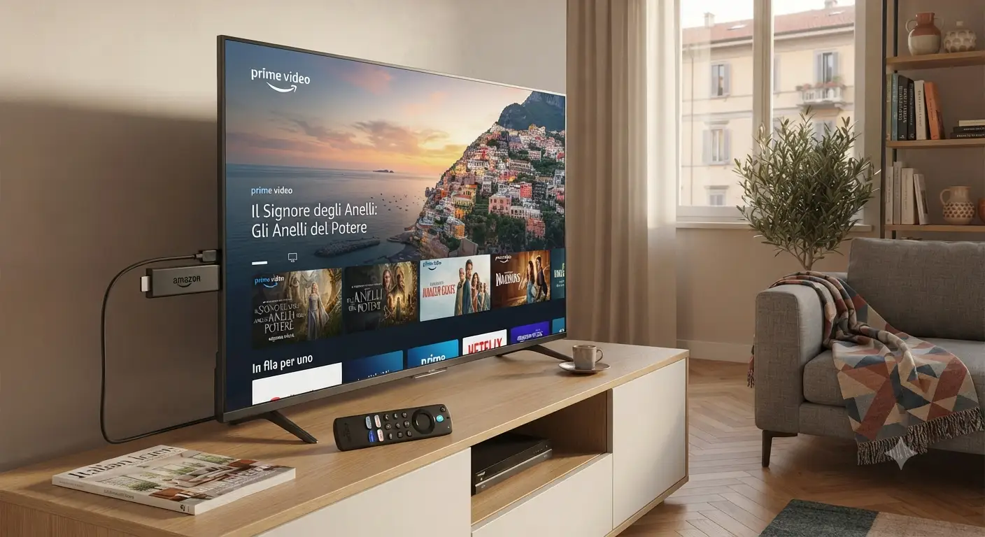 Fire TV Stick 4K Max mostrata frontalmente collegata a una TV moderna in un salotto italiano
