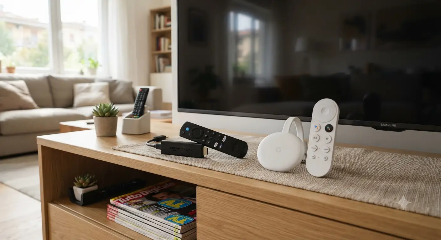 Amazon Fire TV Stick e Google Chromecast a confronto su un mobile TV.