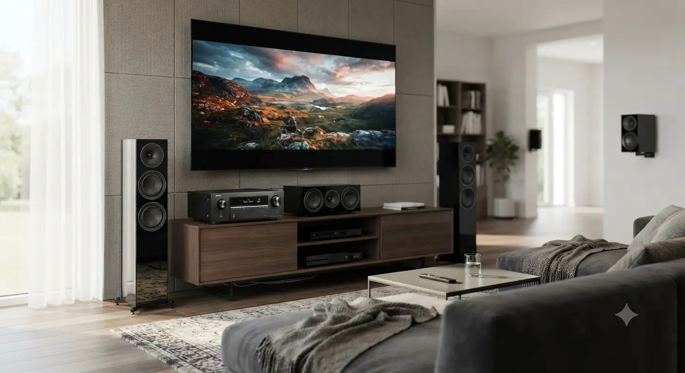 Miglior amplificatore AV installato in un moderno sistema home theater in soggiorno