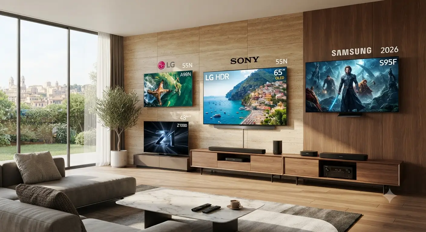 Panoramica dei migliori TV OLED 2026 in esposizione in un soggiorno moderno
