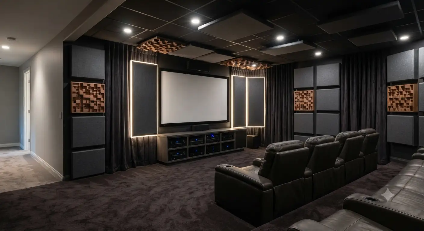 Pannelli acustici homecinema installati sulle pareti di una sala dedicata per migliorare la qualita audio.